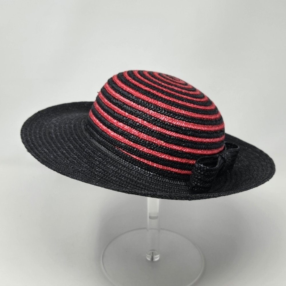 VINTAGE 100% NATURAL STRAW WOVEN HAT BLACK & RED SWIRL ITALY WOMEN OS WHIMSIGOTH - Picture 1 of 13